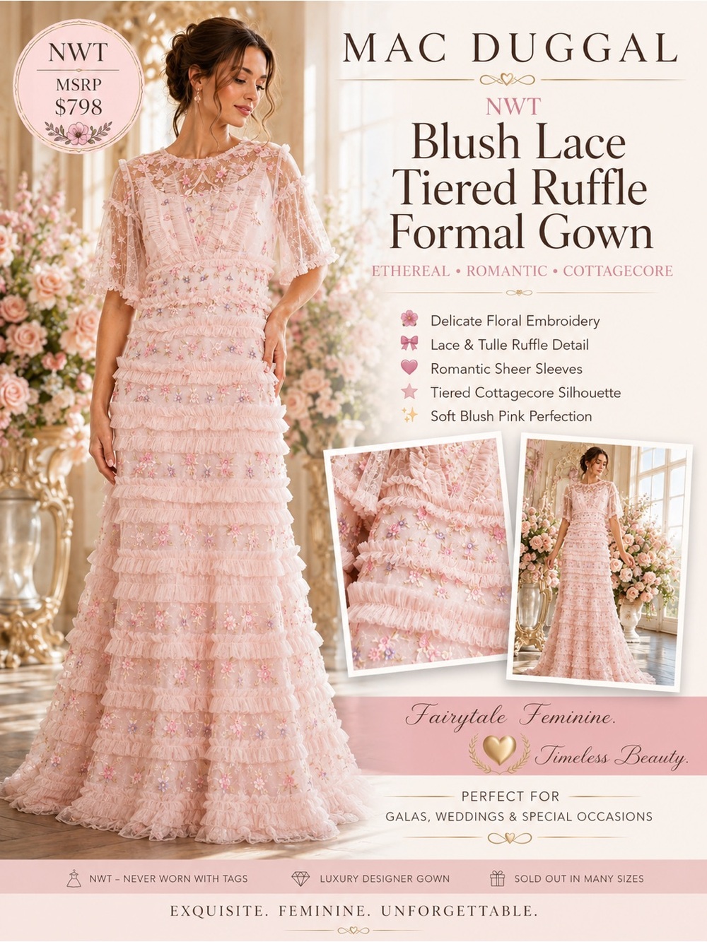 NWOT $798 Duggal Blush Lace Tiered Ruffle Formal Gown Ethereal Cottagecore SZ 12